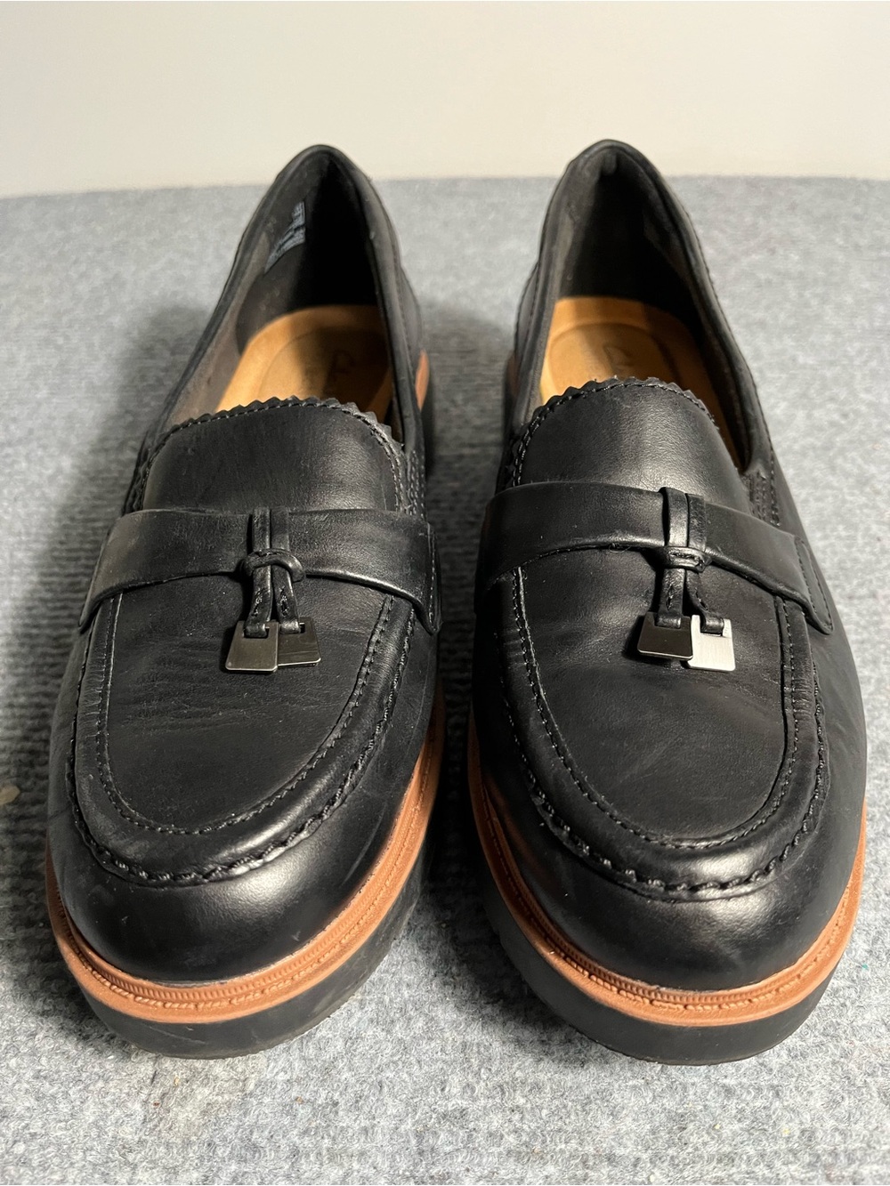 Clarks Black Leather Tassel Loafers with Brown Trim